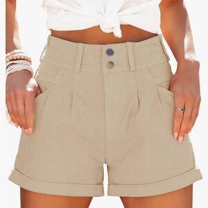 Express Vintage Cuff Shorts w/High Waist in Khaki Tan Denim 5-Pocket Relaxed Fit
